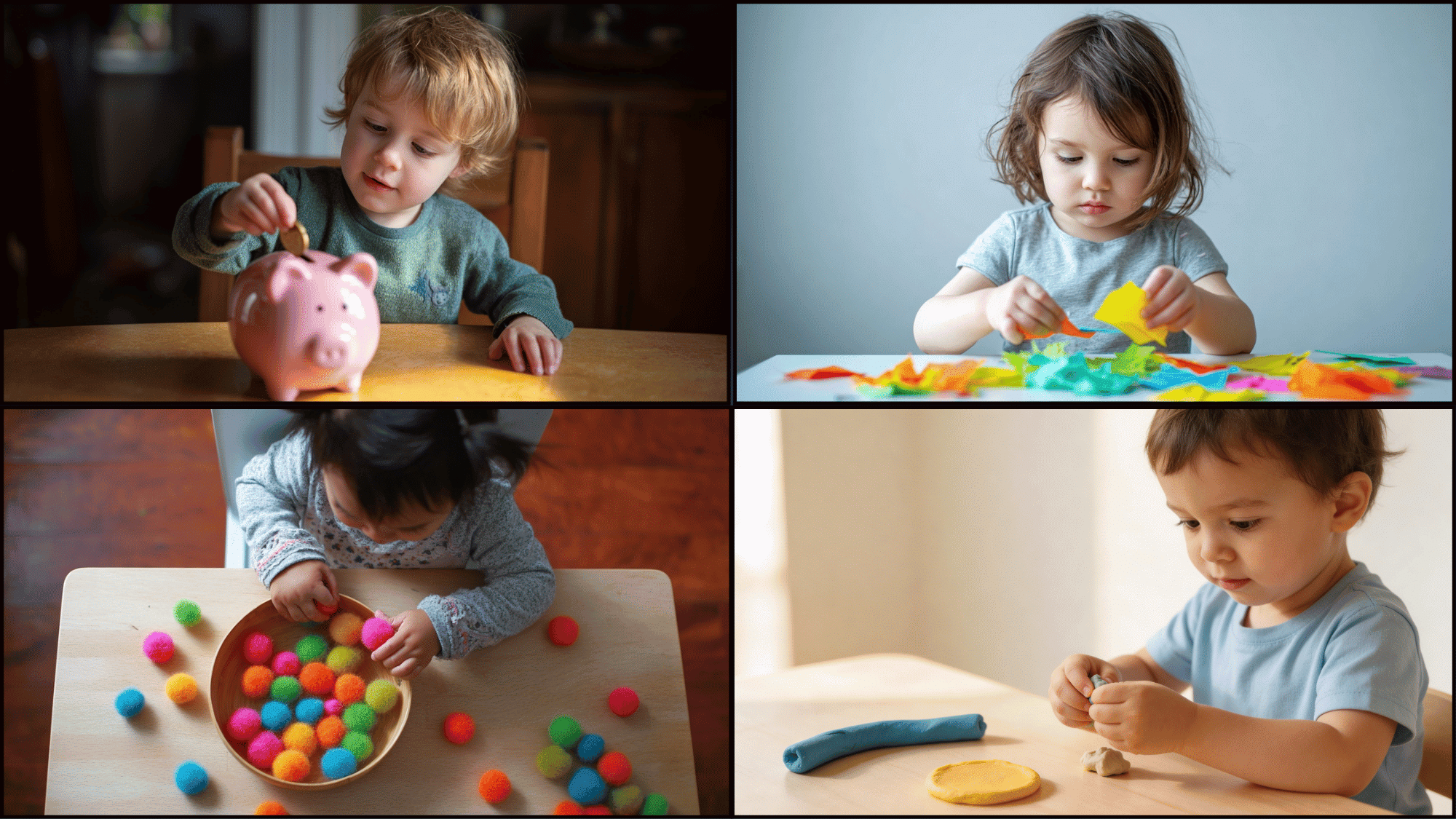 Four young children engage in distinct tabletop fine motor activities.