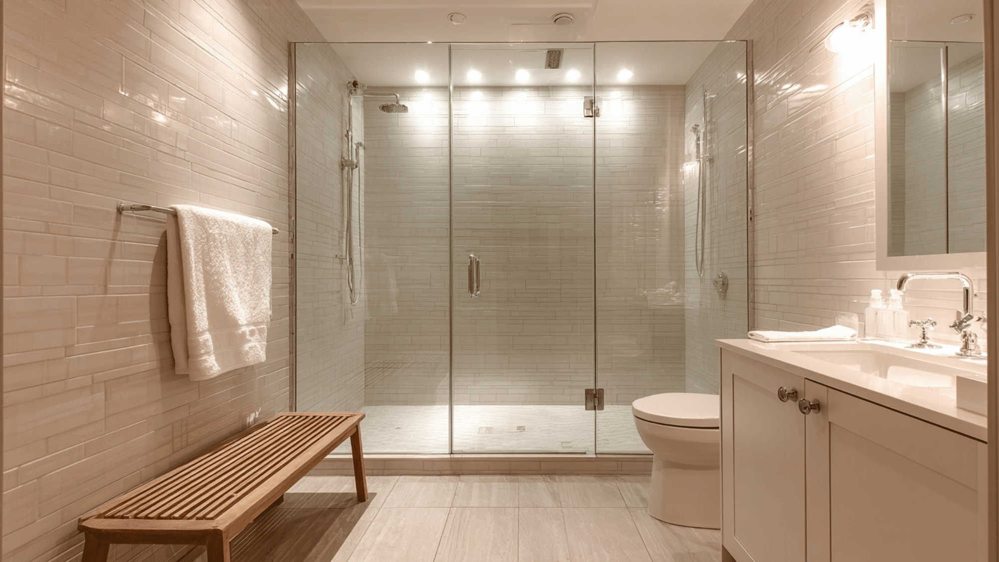 Frameless glass shower with a clean minimalist bathroom design