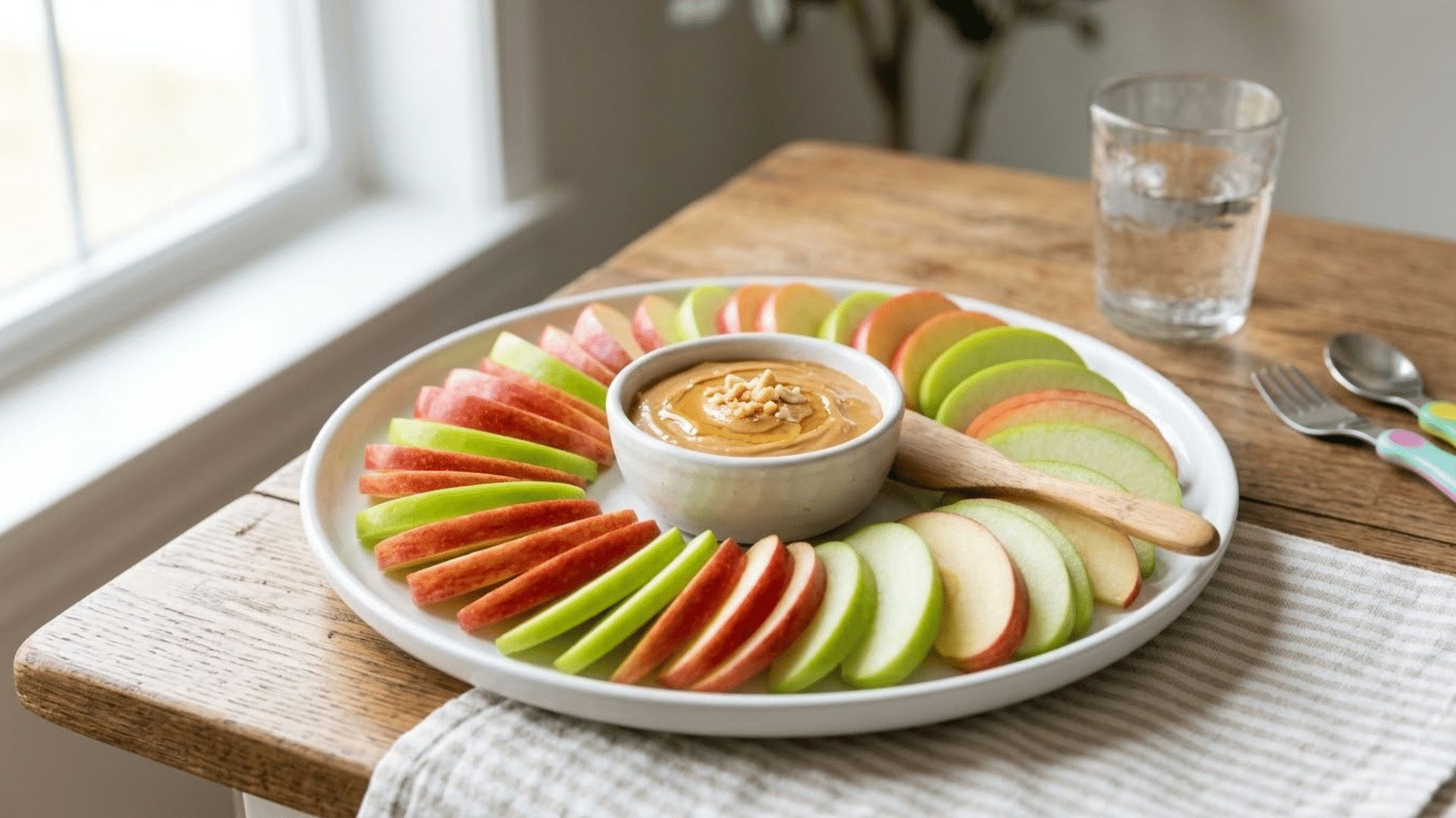 Fresh apple slices served with creamy peanut butter, a simple and healthy snack for kids