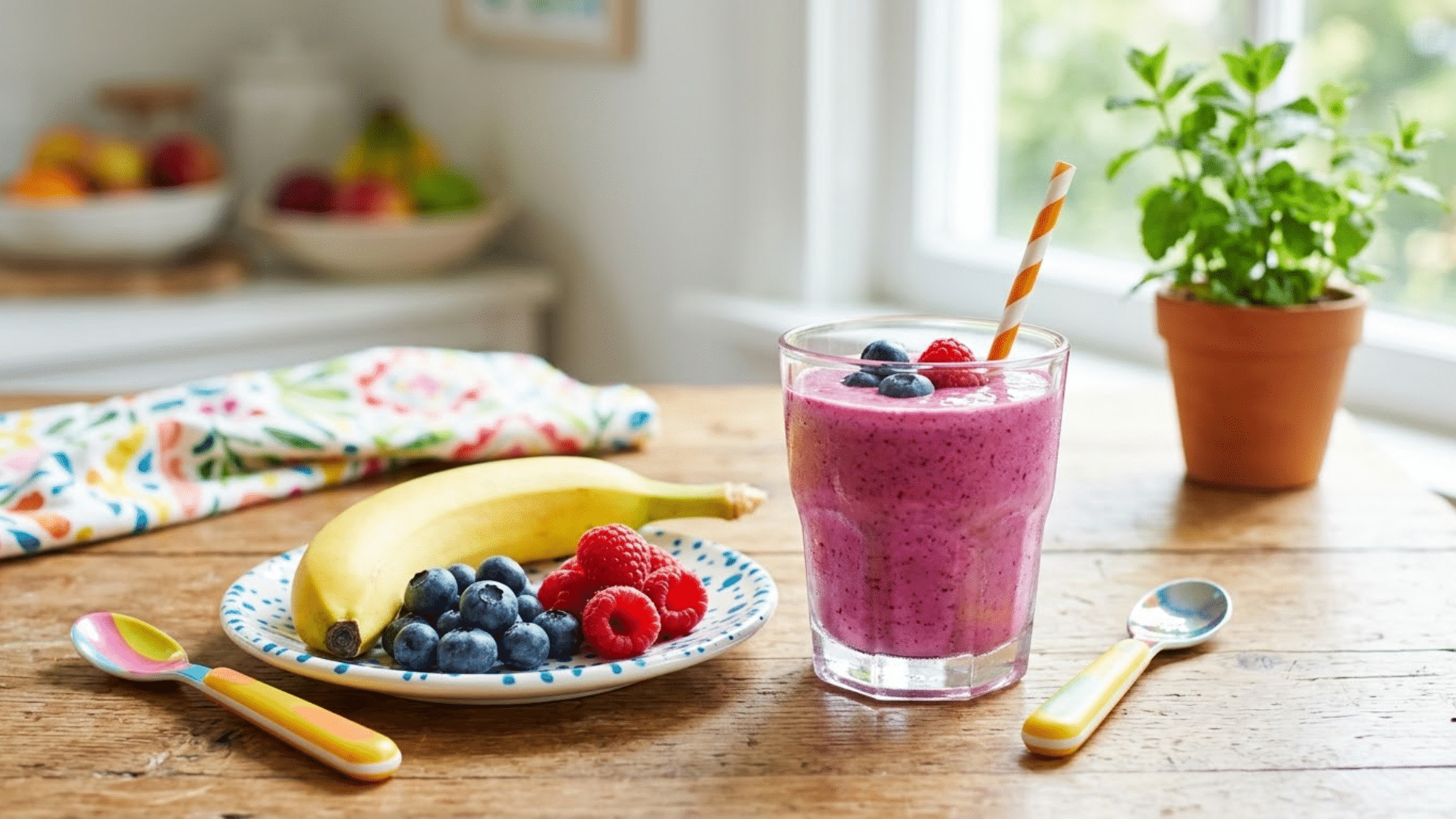 Fresh fruit smoothie made with banana and berries, a healthy and refreshing snack for kids