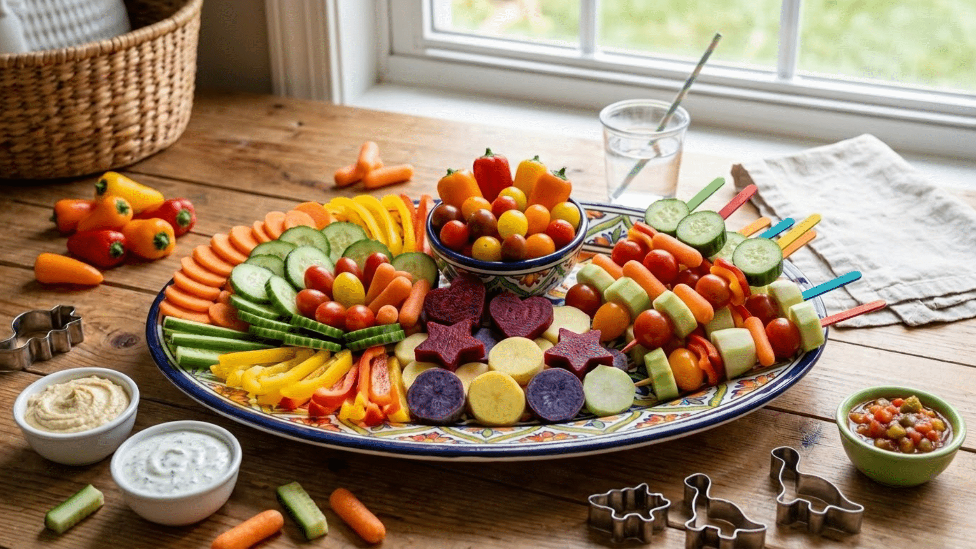 Fresh vegetables like carrots, cucumbers, and peppers arranged as healthy snack options for kids