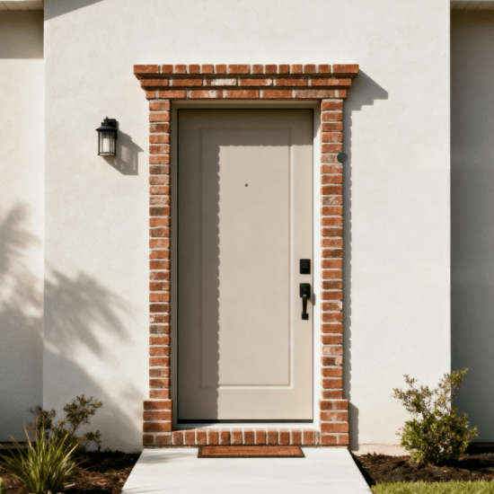 Front entry door with brick trim and labeled parts, showing exterior details of a modern home with clean siding, windows, and landscaping