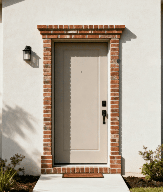 Front entry door with brick trim and labeled parts, showing exterior details of a modern home with clean siding, windows, and landscaping