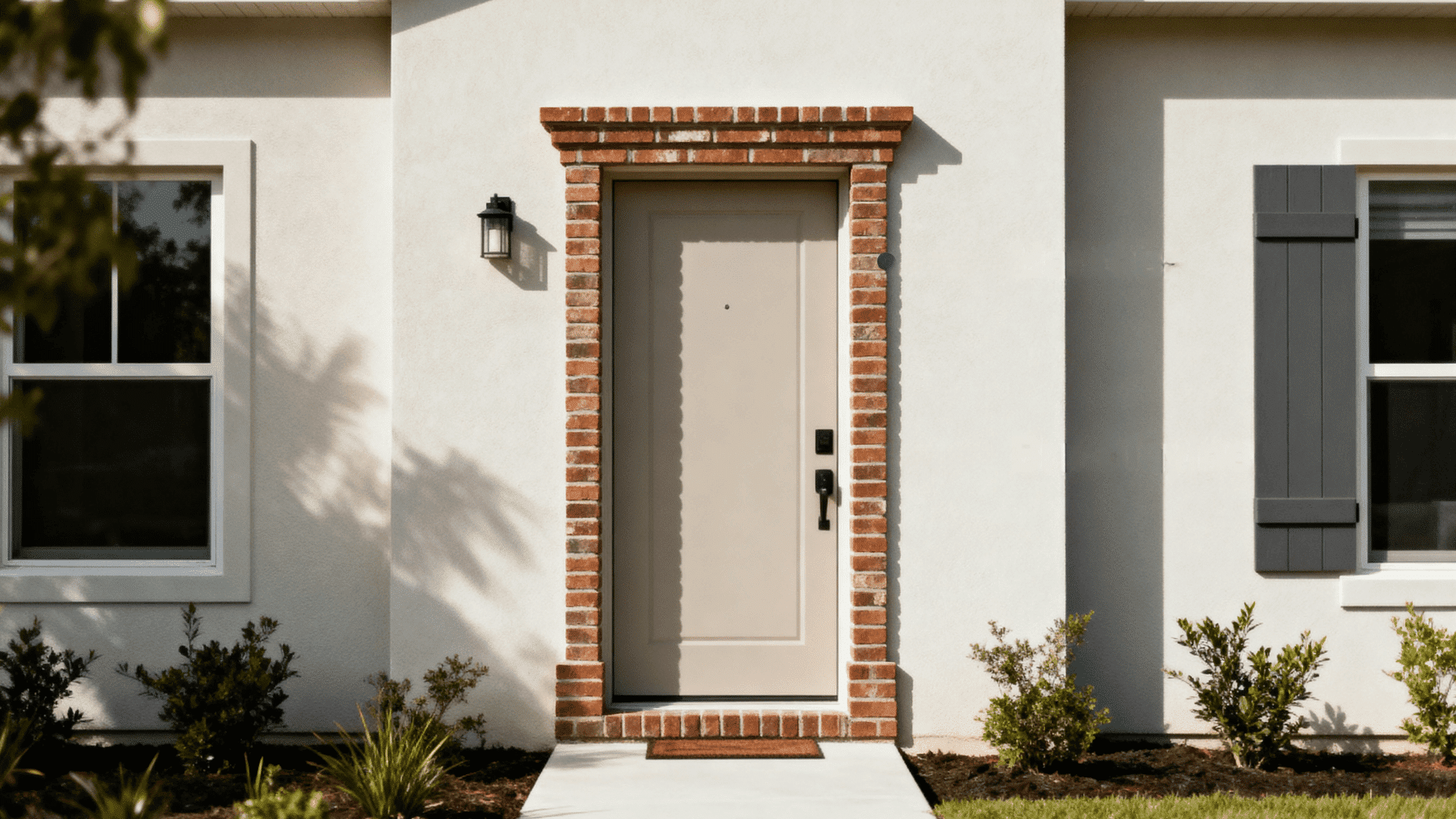 Front entry door with brick trim and labeled parts, showing exterior details of a modern home with clean siding, windows, and landscaping