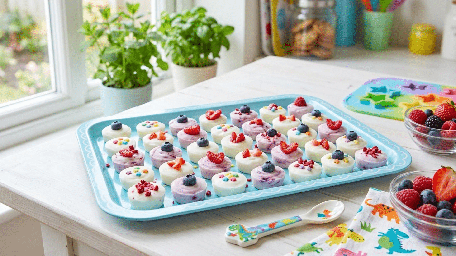 Frozen yogurt bites topped with fruit, a fun and healthy snack idea for kids