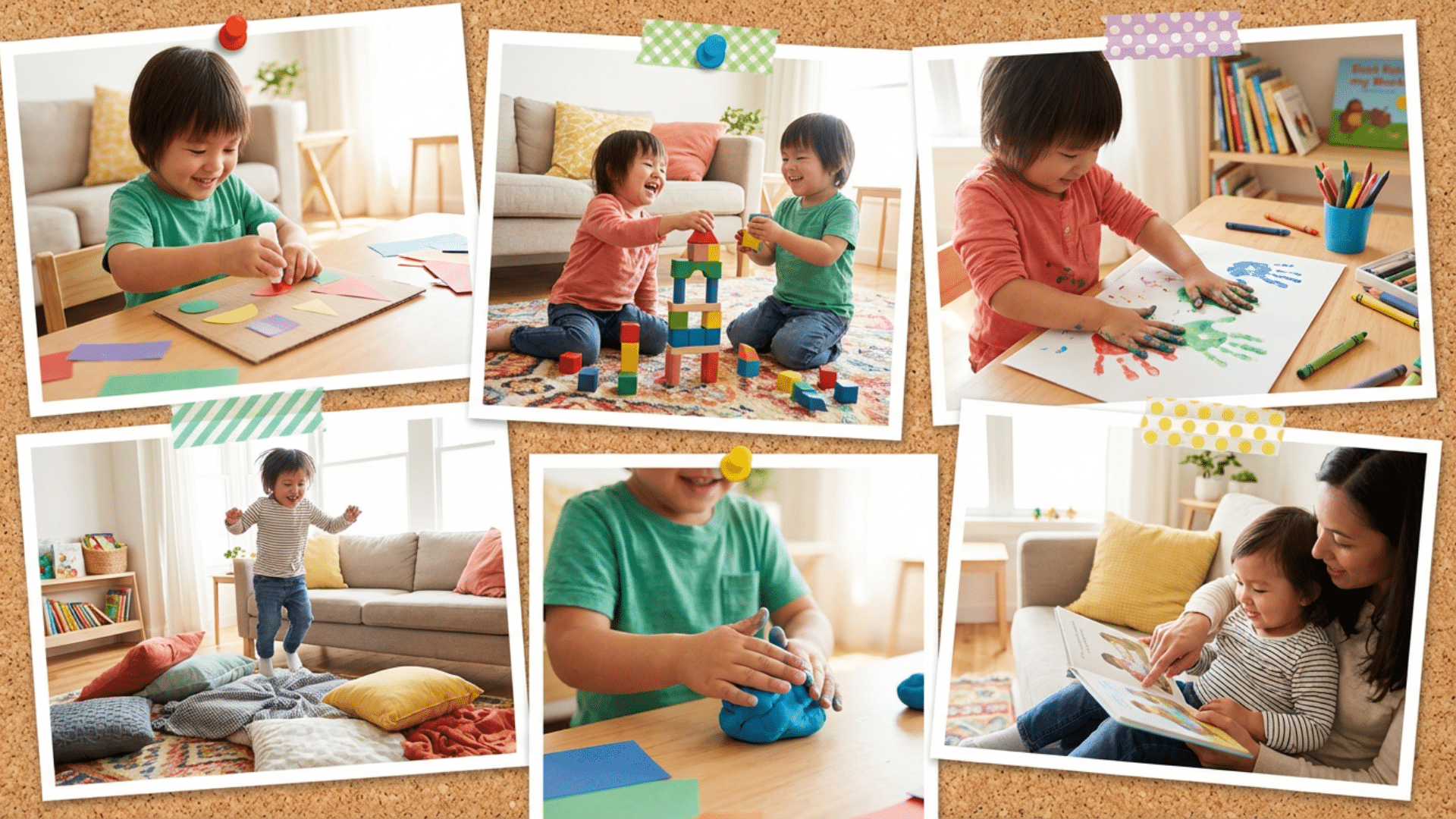 Fun activities for toddlers at home including crafts, play dough, reading, and indoor games