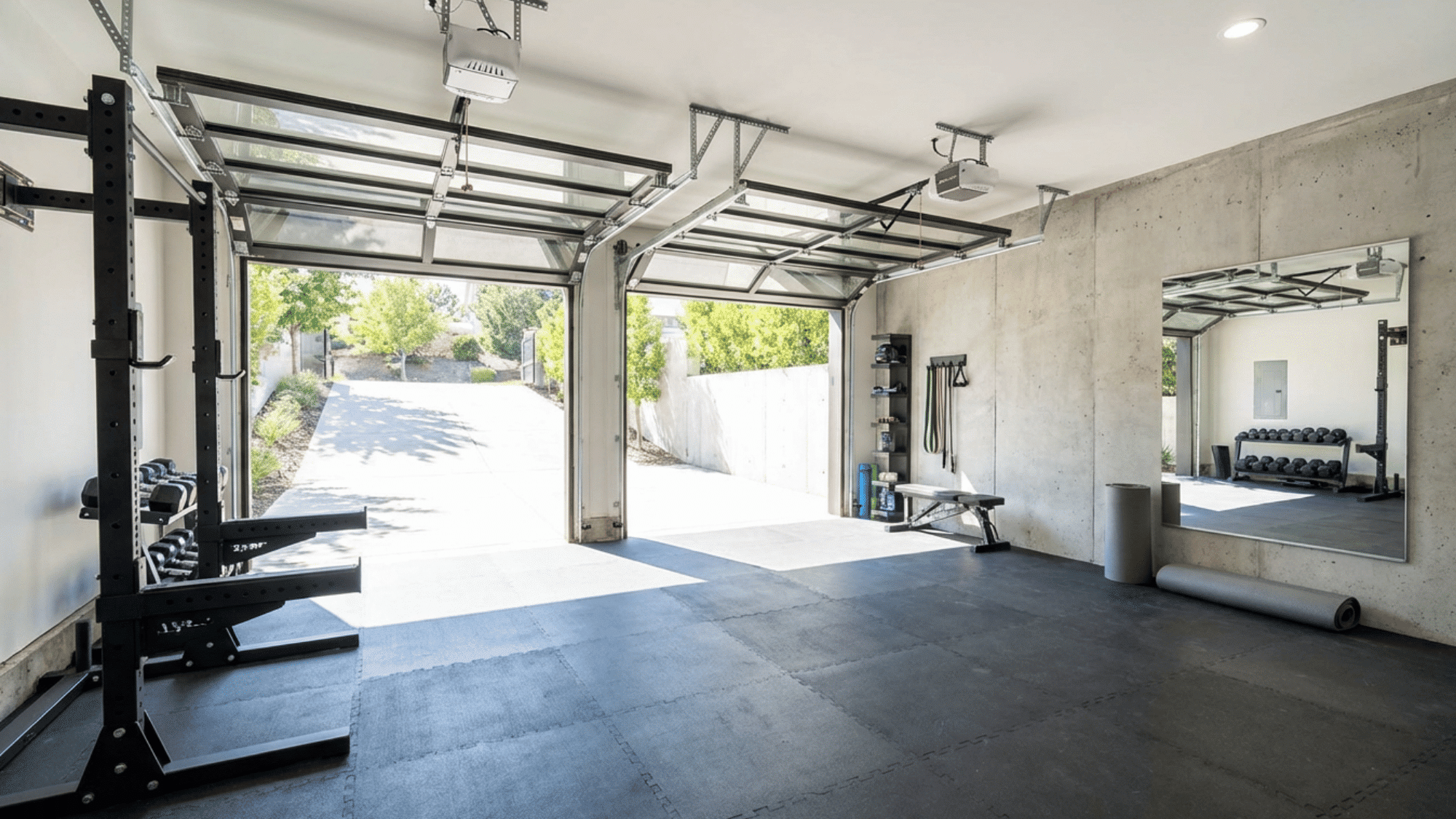 Garage home gym with weights, rubber flooring, and open garage door.