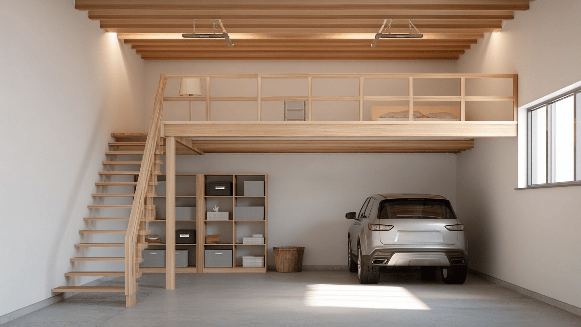 Garage with loft storage above parking space and ladder access.