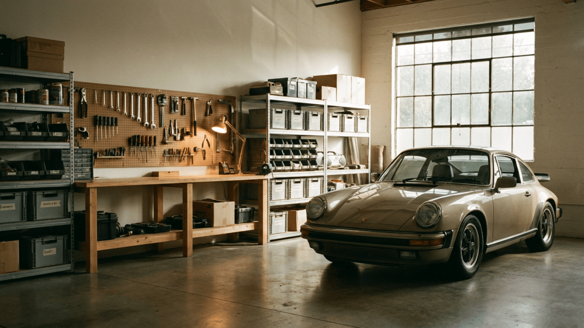 Garage workshop with organized tools, workbench, and space for car parking.