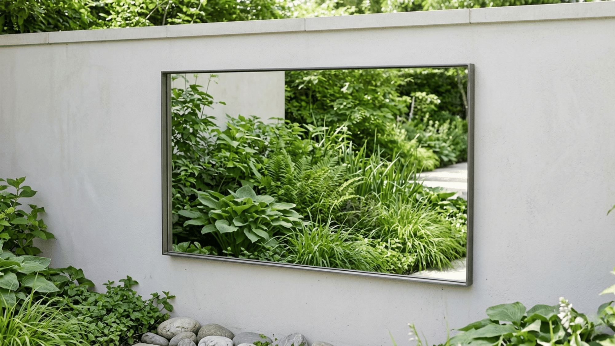 Garden mirror reflecting plants to create a bigger space illusion