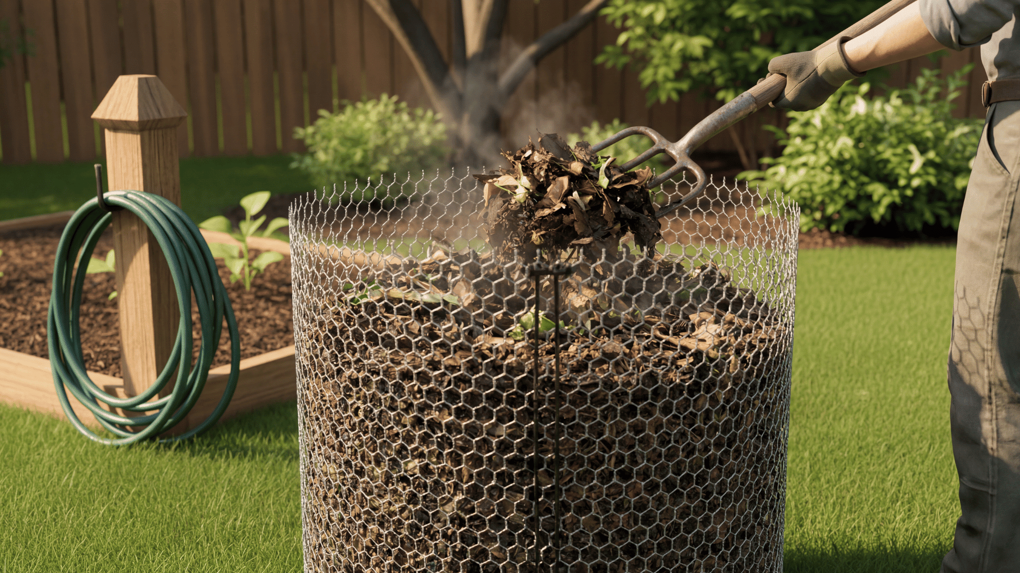 Gardener turning compost with a pitchfork inside a homemade compost bin.