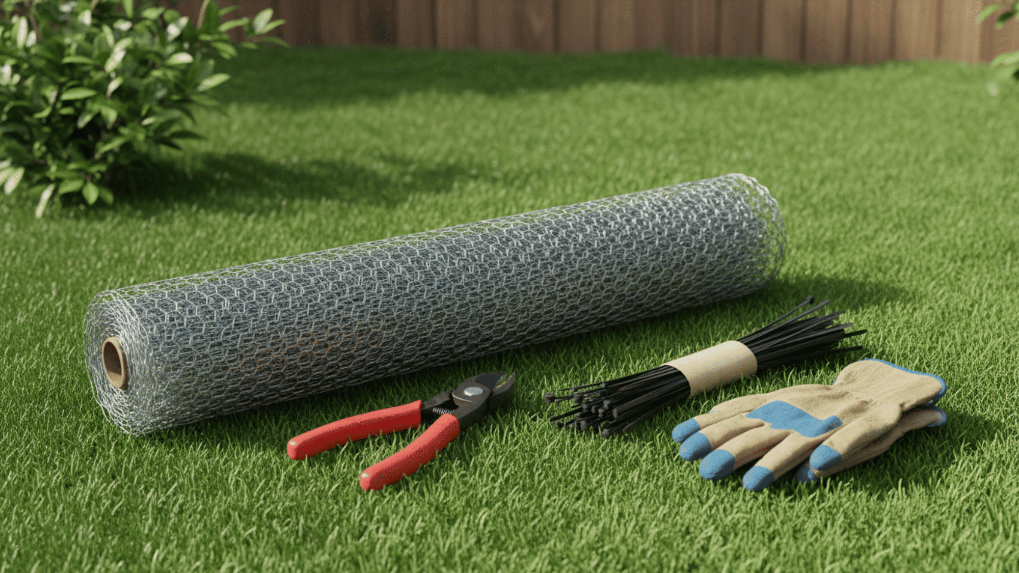 Gardening supplies for a DIY compost bin including chicken wire, cutters, and zip ties.