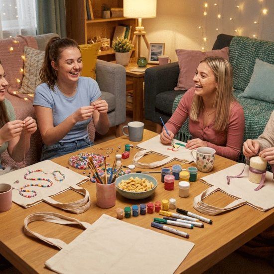 Girls enjoying a cozy craft night with DIY projects at home