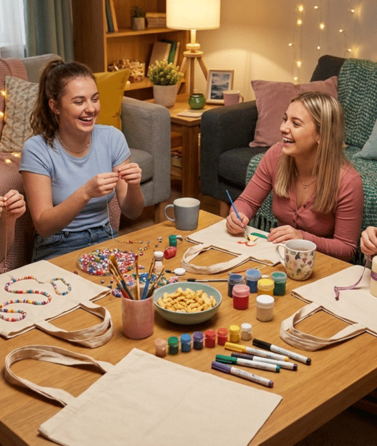Girls enjoying a cozy craft night with DIY projects at home