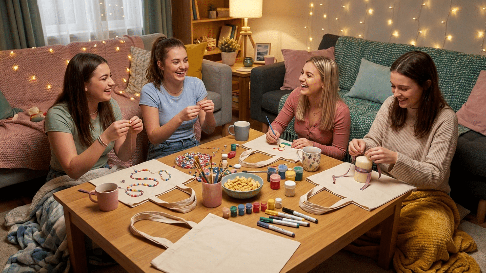 Girls enjoying a cozy craft night with DIY projects at home