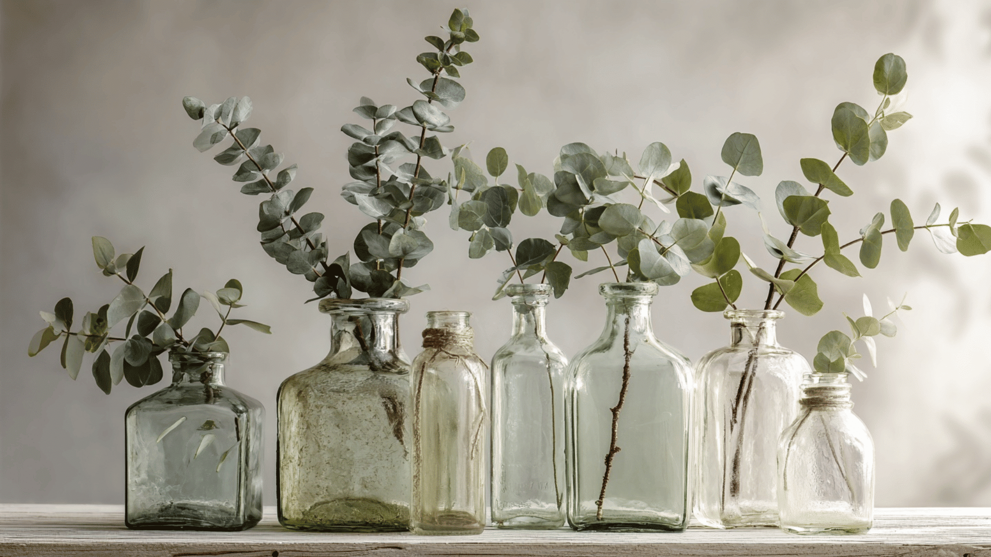 Glass bottles with eucalyptus stems on table