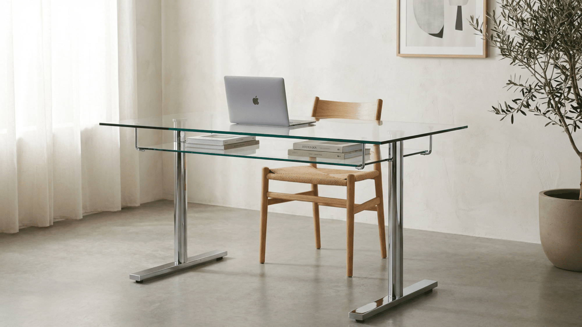 Glass desk home office setup with modern clean design