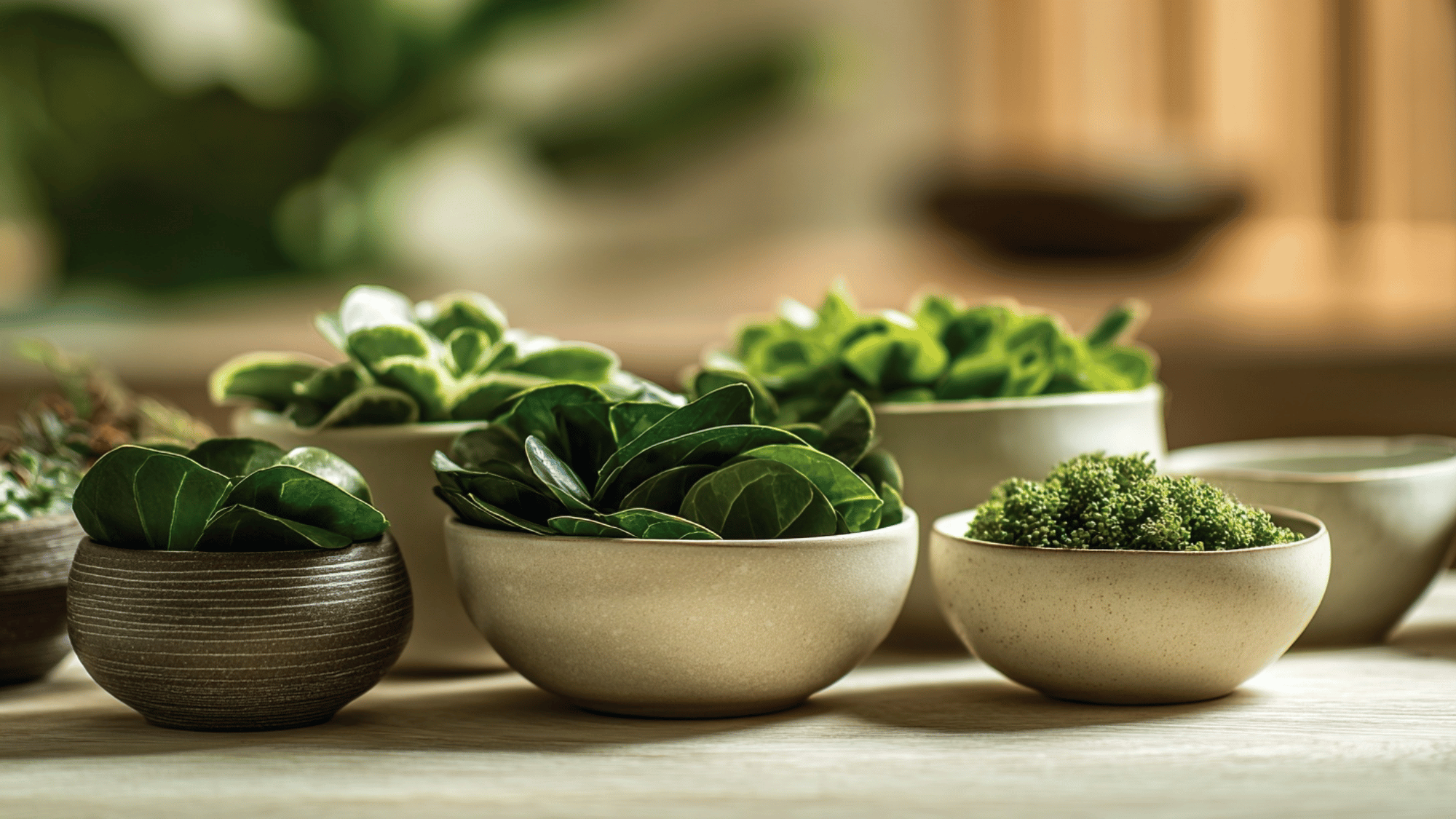 Green plant arrangements in ceramic bowls