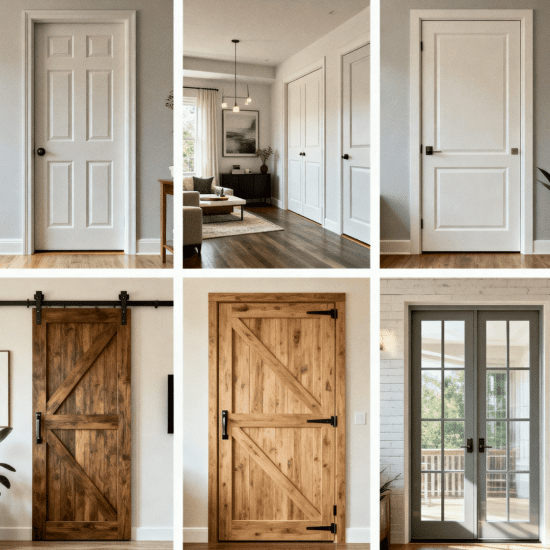 Grid of interior doors including panel, barn, and French styles in modern home settings with neutral decor and natural light