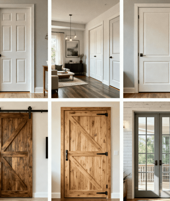Grid of interior doors including panel, barn, and French styles in modern home settings with neutral decor and natural light