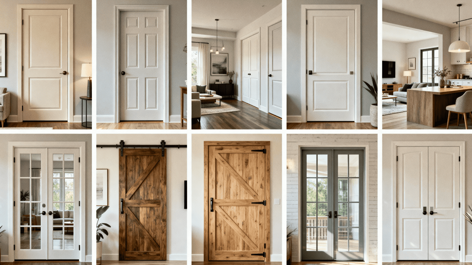 Grid of interior doors including panel, barn, and French styles in modern home settings with neutral decor and natural light