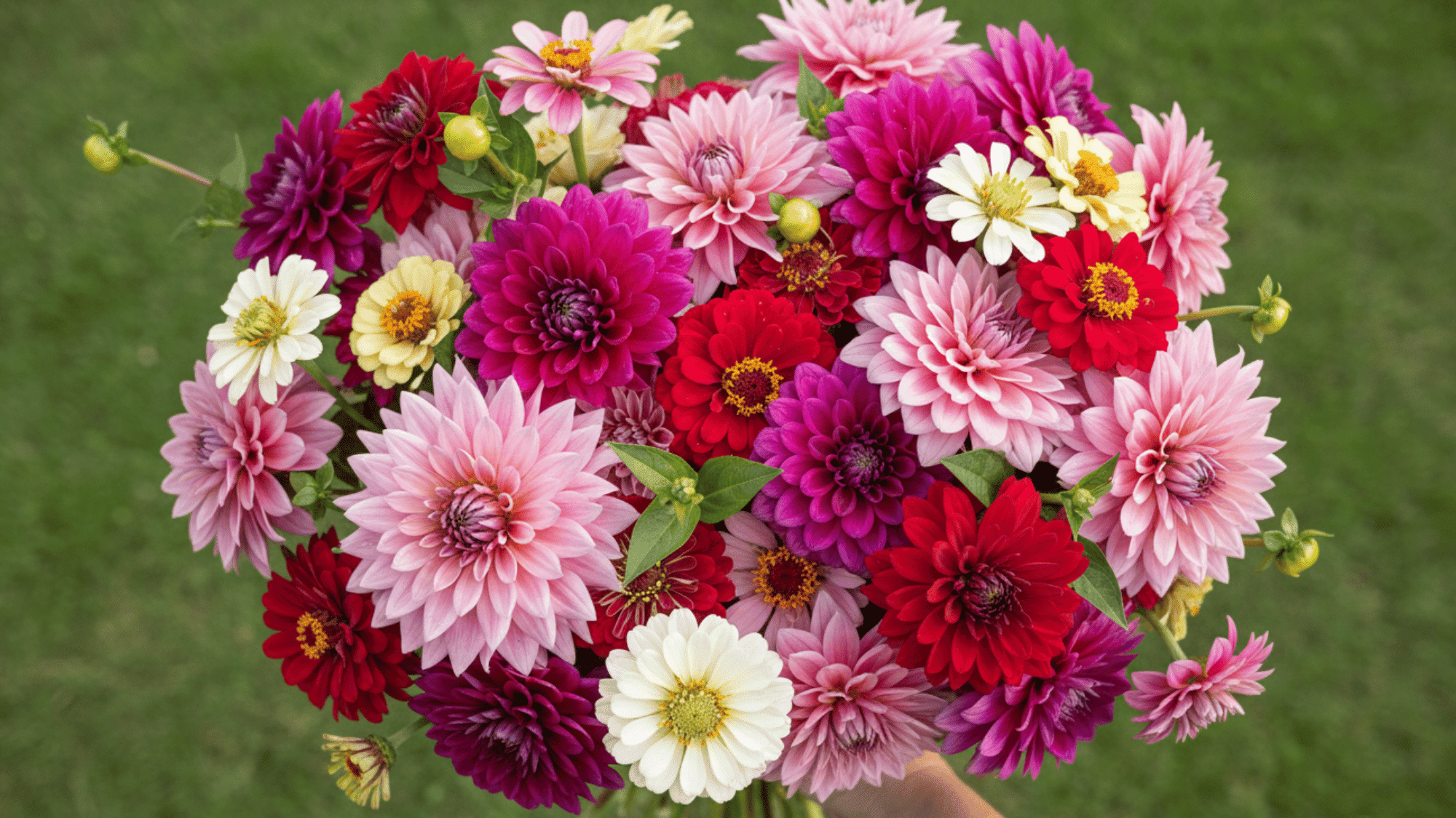 Hand holding a vibrant bouquet of pink, red, magenta, and white dahlias and zinnias against a soft green grassy background.