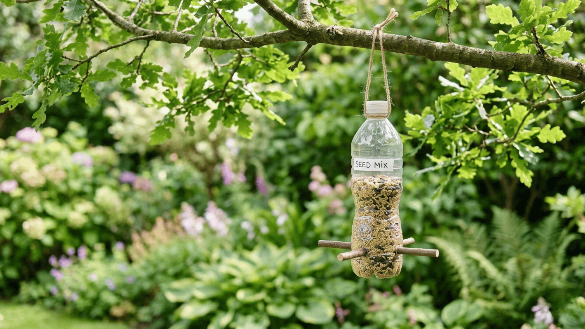 Handmade bird feeder hanging from a tree with seeds inside