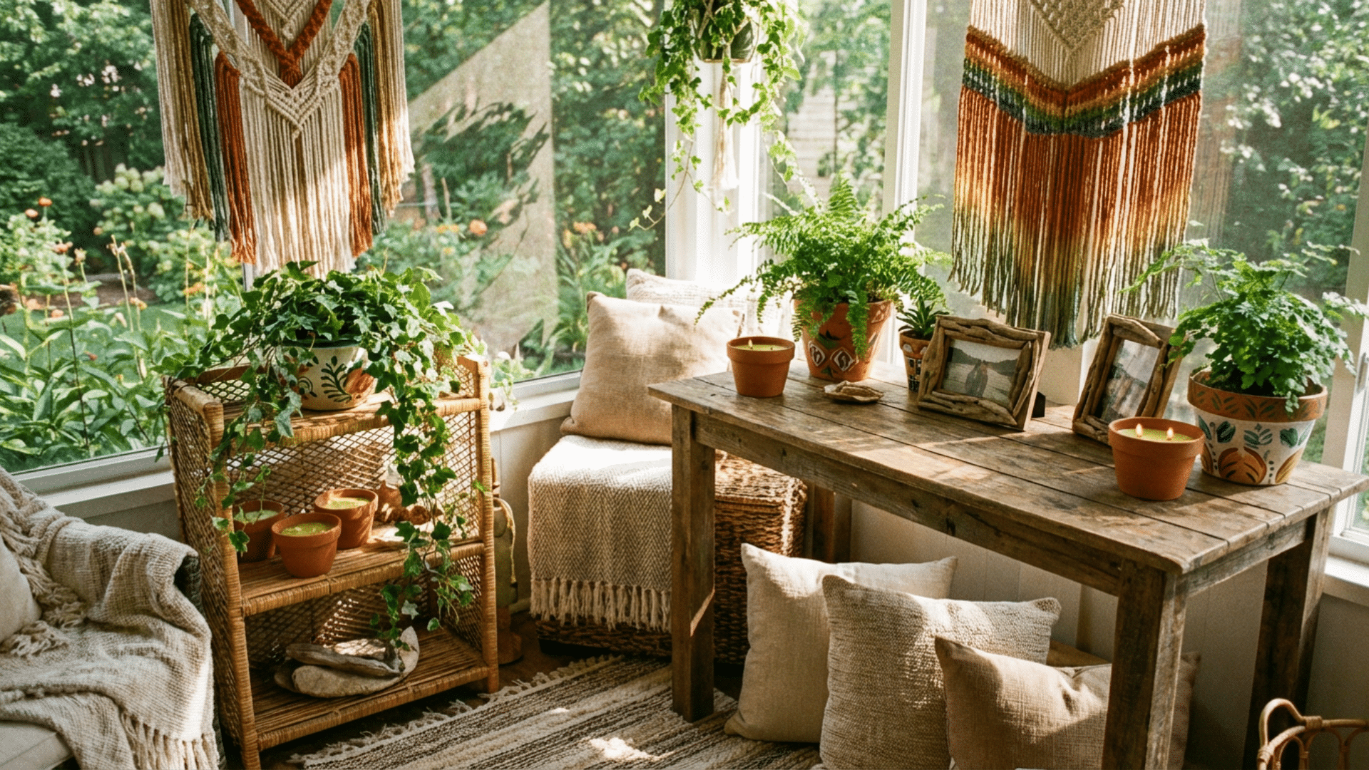 Handmade home decor items like candles, wall art, and painted pots arranged in a cozy space