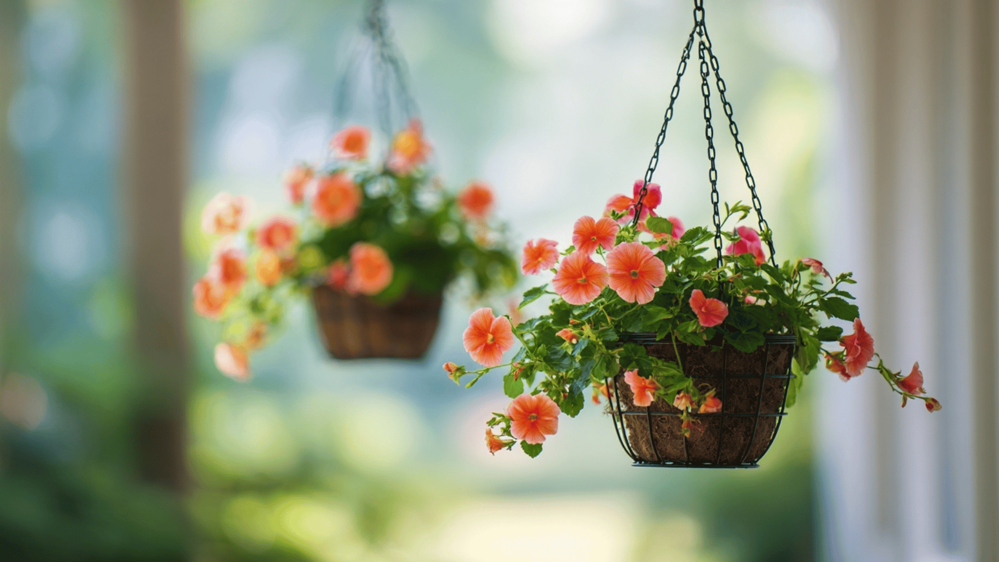 Hanging baskets with flowers and plants in a clean garden setting