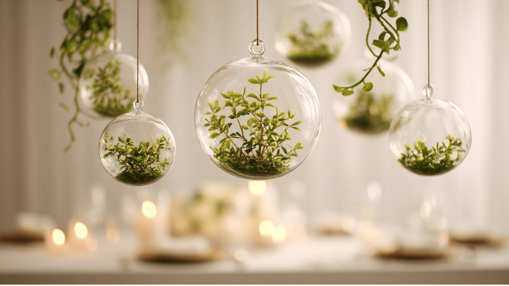 Hanging glass globes with greenery