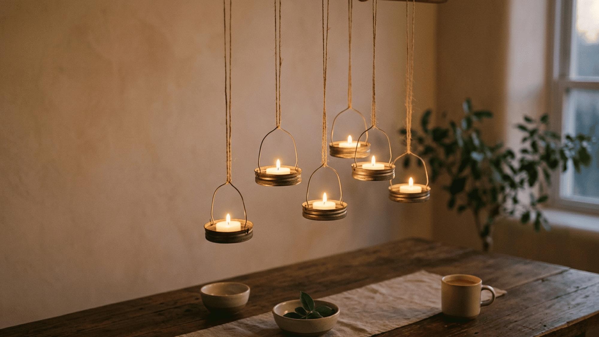 Hanging tea lights in mason jar lids glowing softly