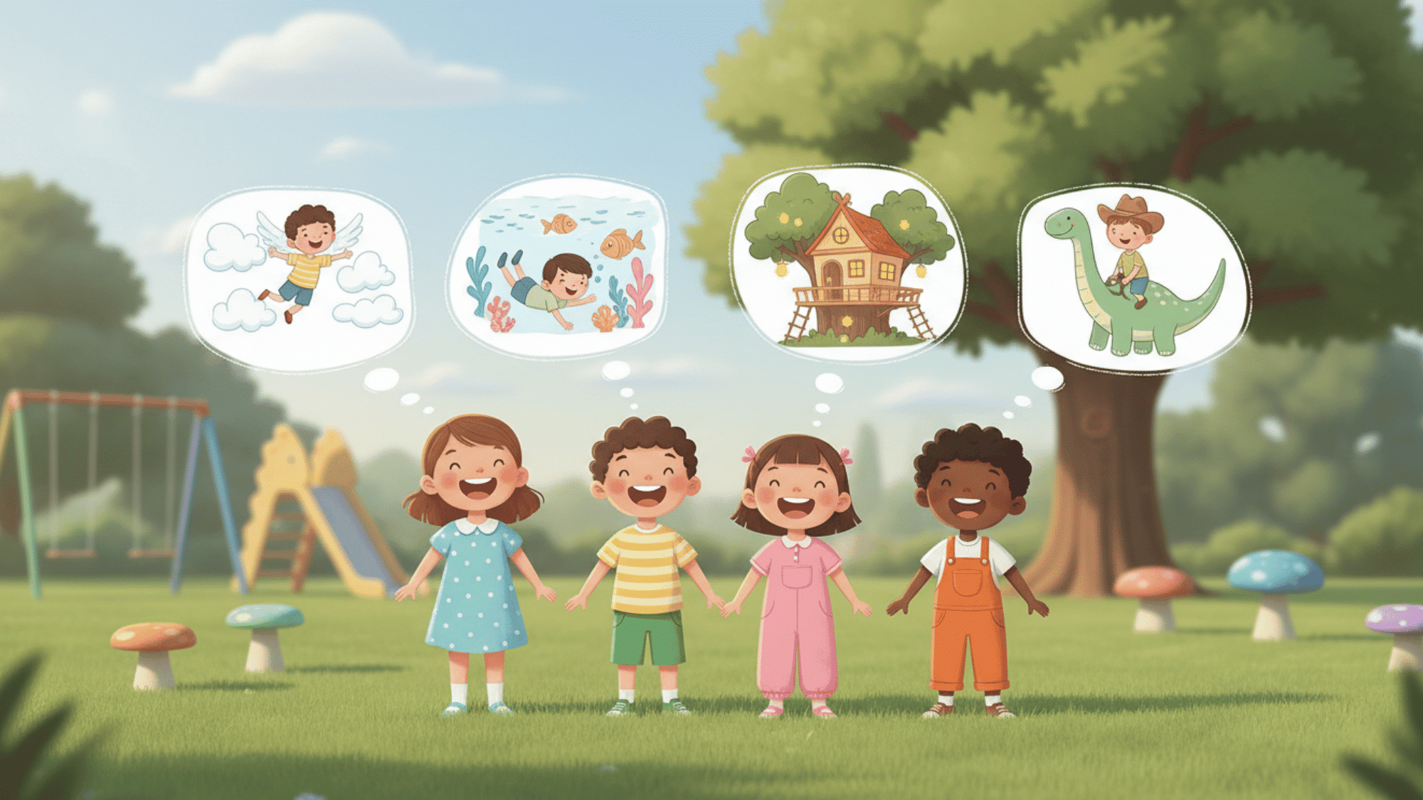 Happy kids imagining fun choices like flying, treehouses, and dinosaurs in a park