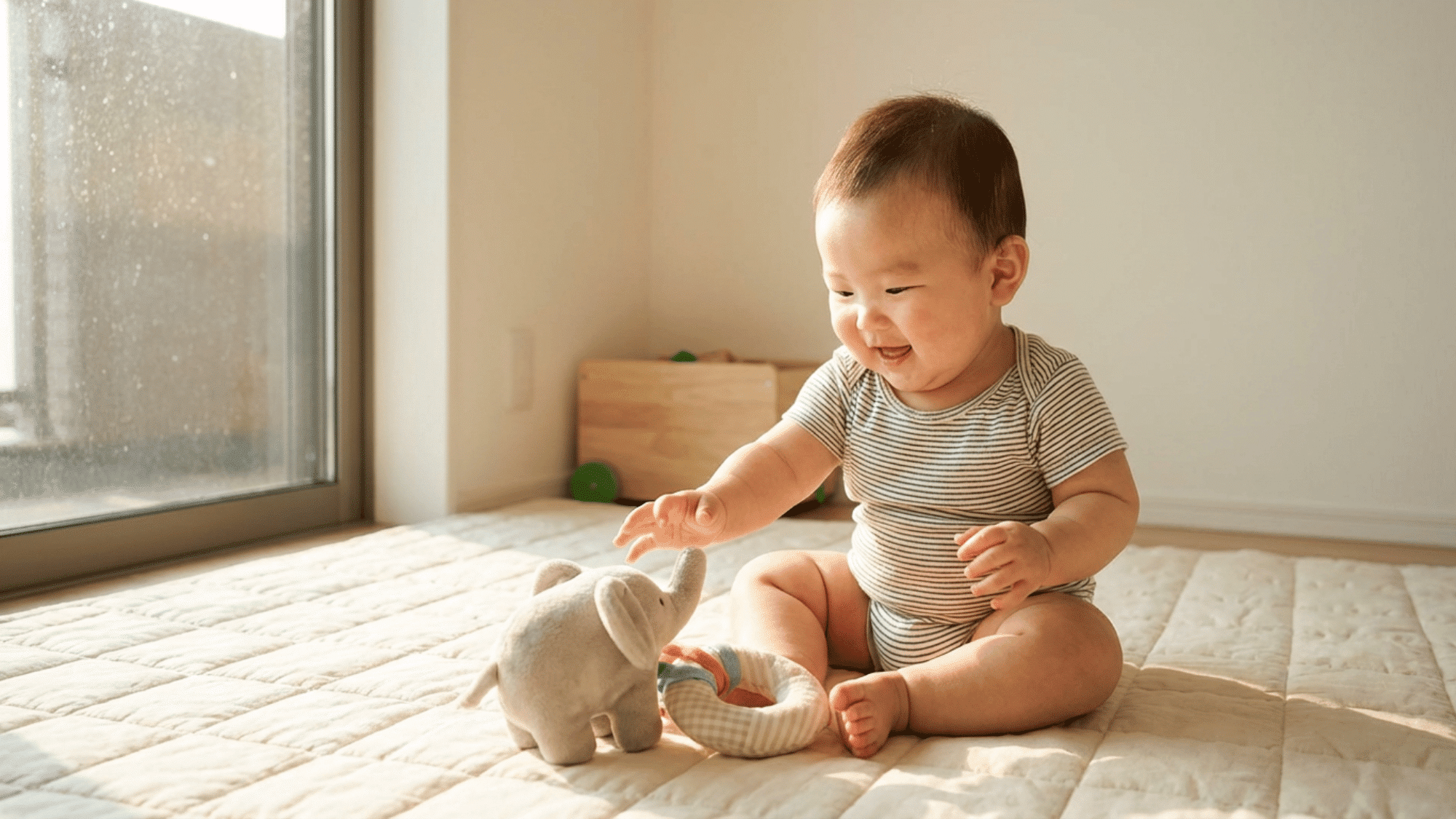Healthy baby playing on mat showing growth and energy development