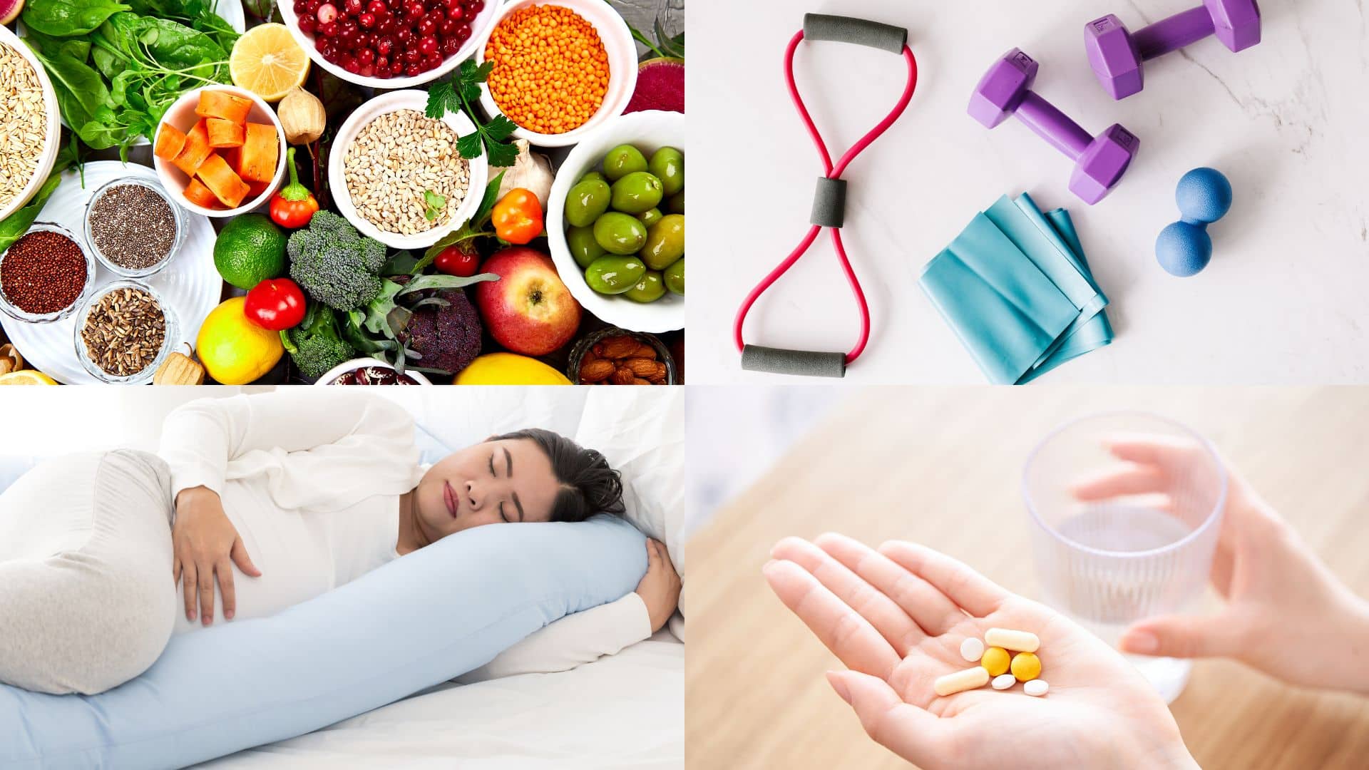 Healthy foods, prenatal vitamins, exercise tools, and rest showing pregnancy care during when is the second trimester stage