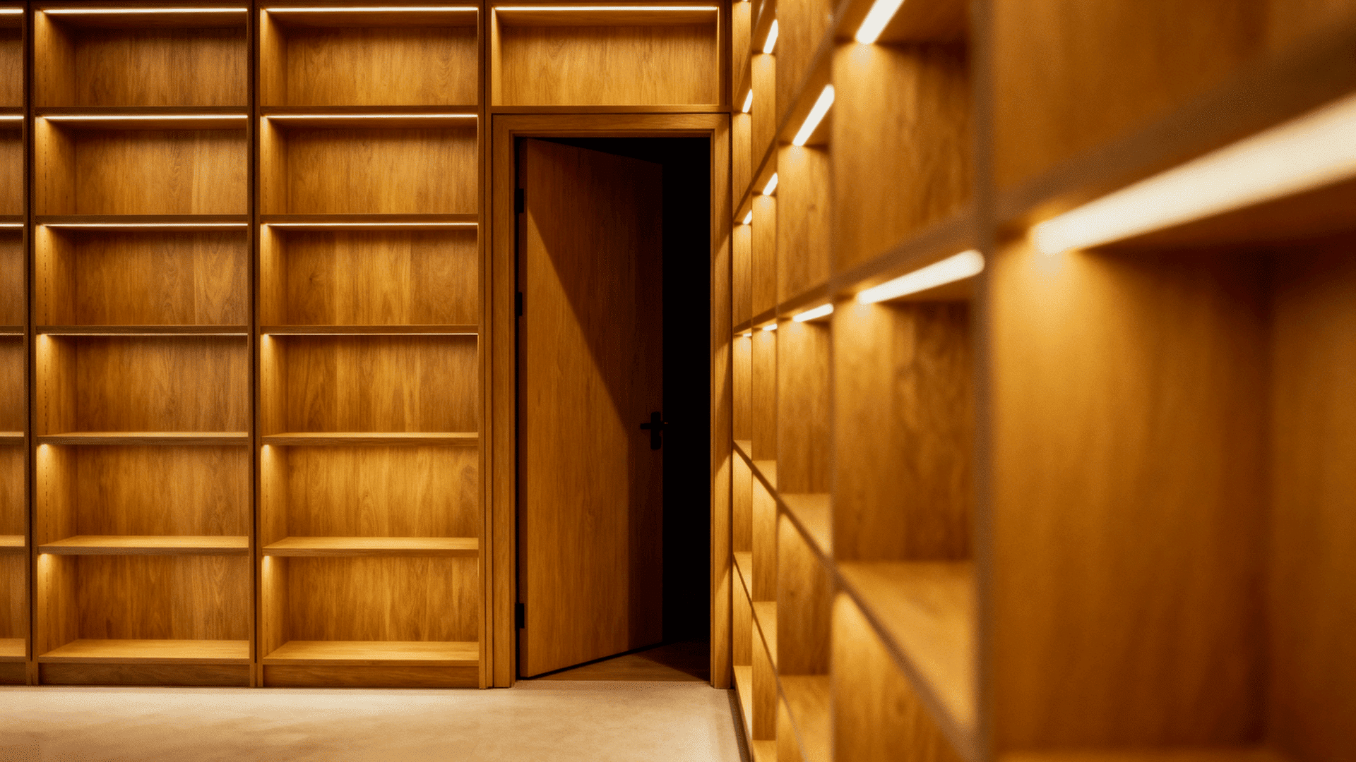 Hidden door seamlessly integrated into wooden shelving, slightly open to reveal a concealed room, with warm lighting and modern design