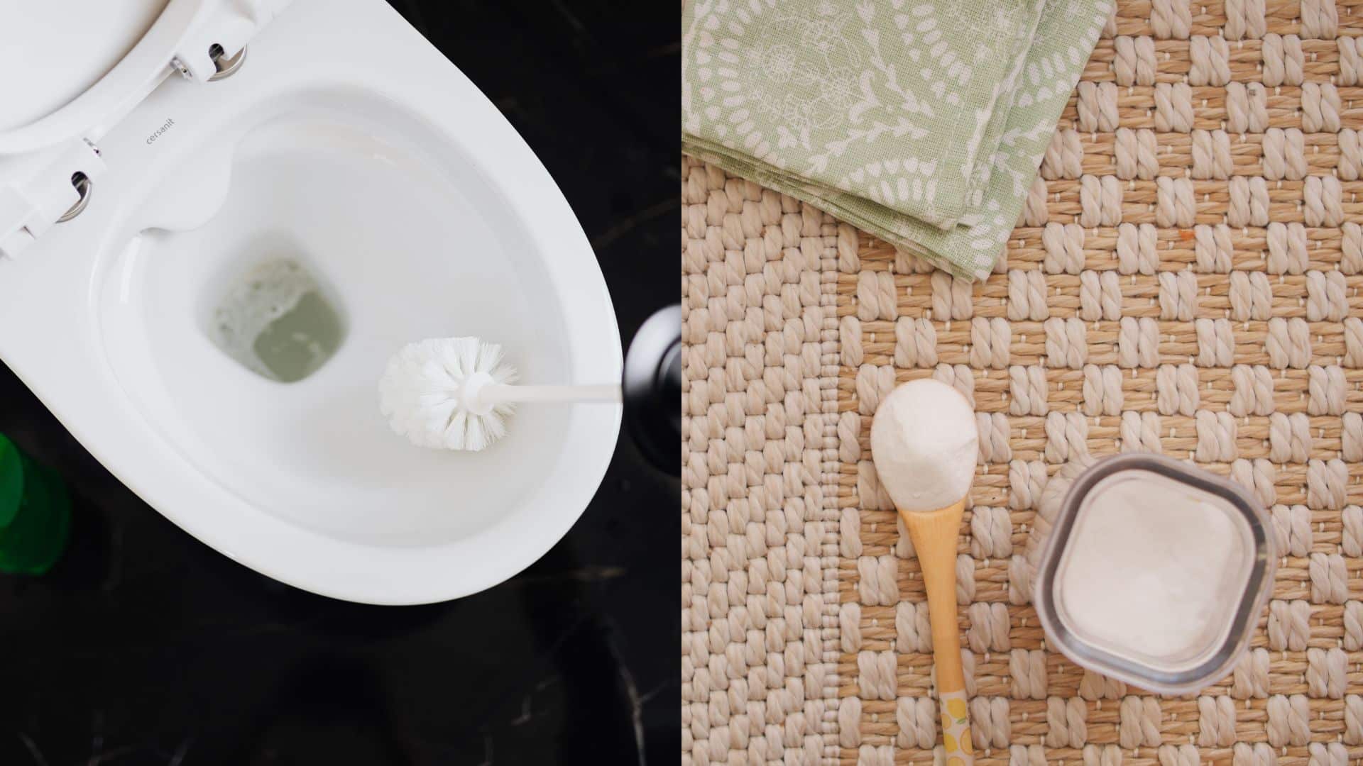 Home cleaning hacks using toilet brush cleaning and baking soda for natural deodorizing and stain removal on bathroom surfaces
