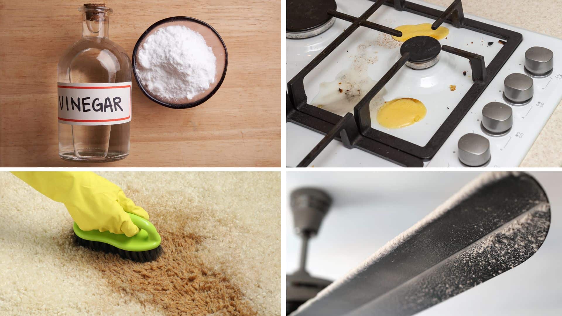 Home cleaning hacks using vinegar and baking soda, removing stains from carpet, cleaning stovetop mess, and dusting ceiling fan blades