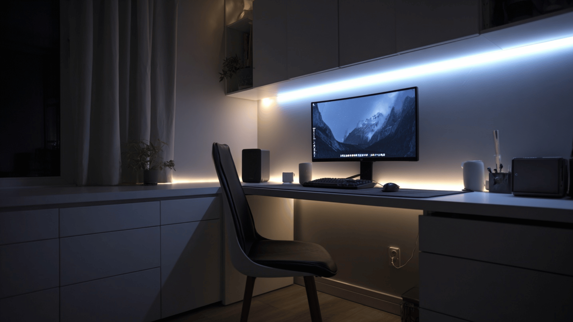 Home office desk with LED lighting and clean modern setup