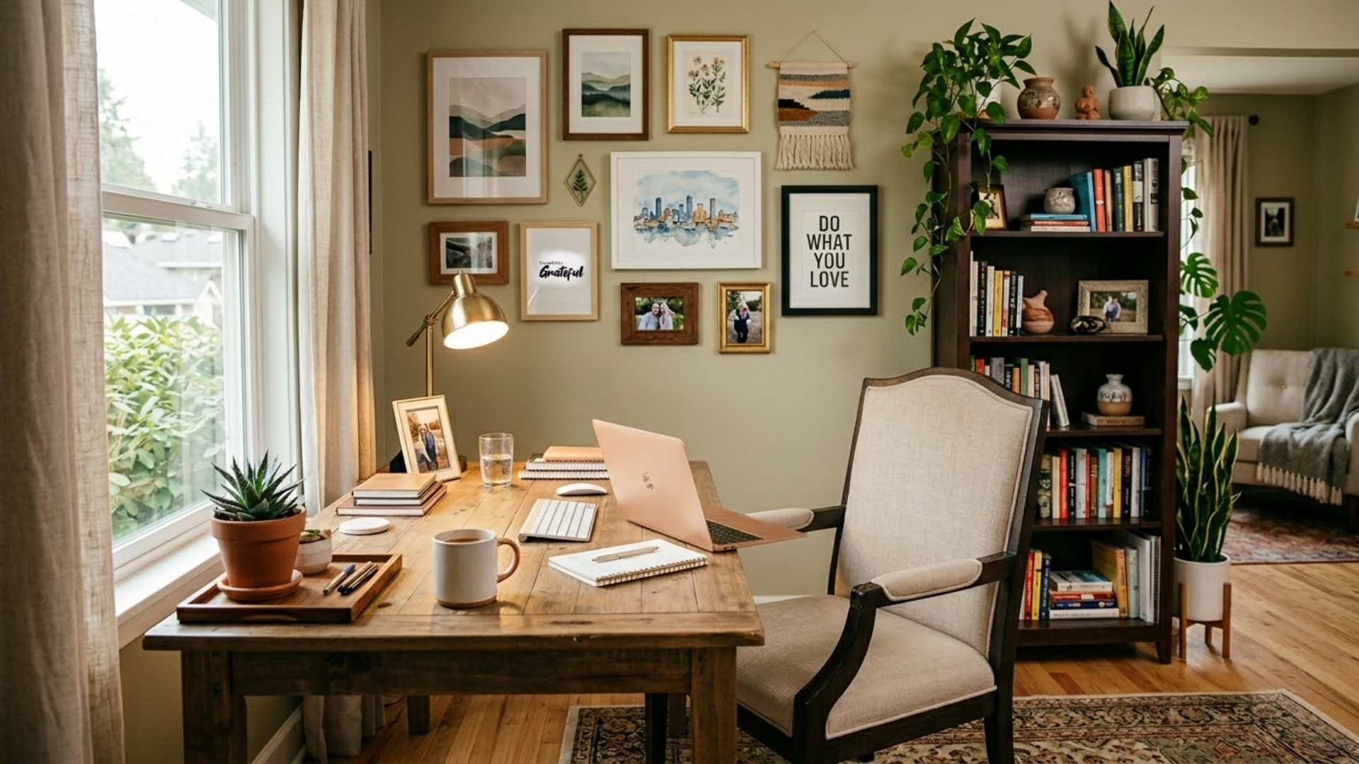 Home office with personal decor and artwork creating a relaxed and inviting space