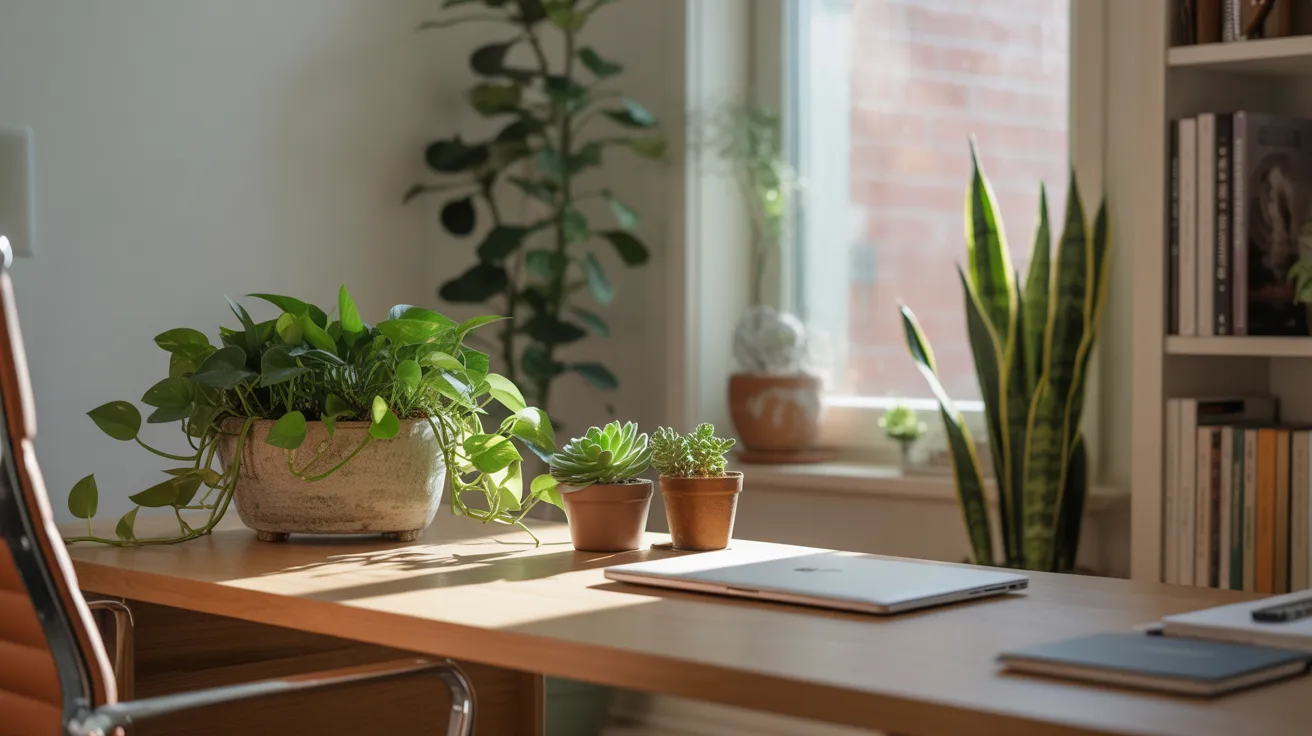 Home office with plants adding greenery and a calm, focused atmosphere
