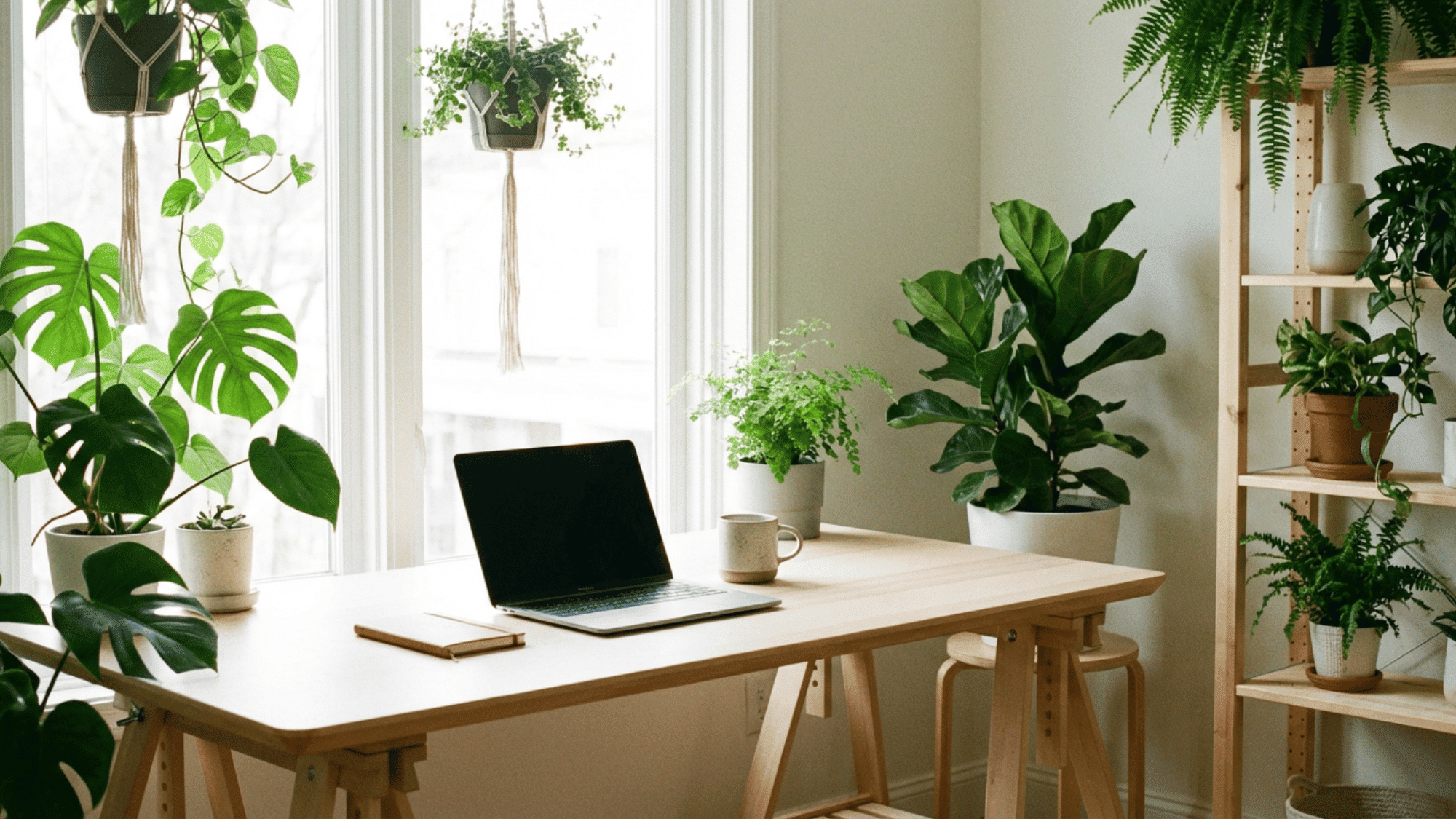 Home office with plants and clean desk for a fresh workspace