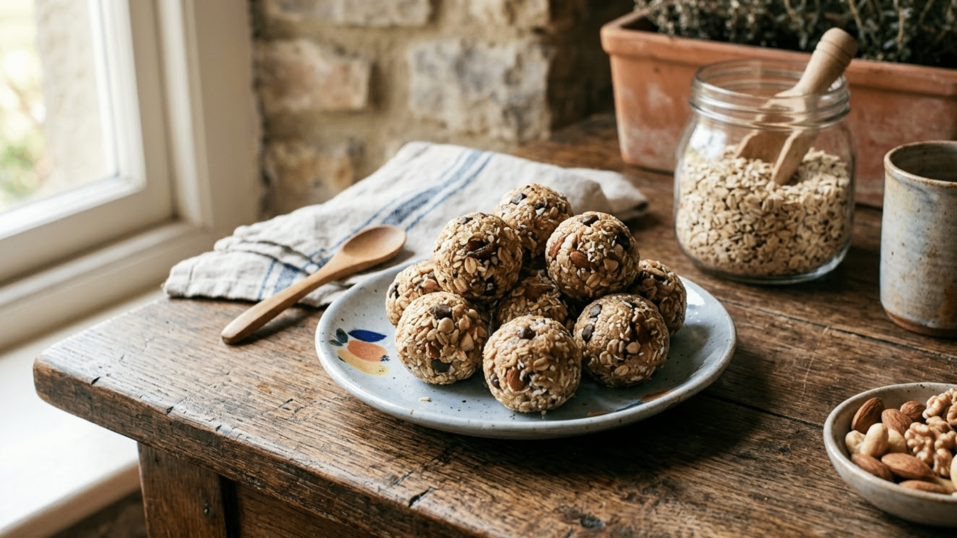 Homemade no-bake energy balls with oats and seeds, an easy and healthy snack for kids