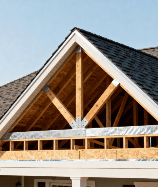 _House roof cutaway showing wooden trusses, rafters, and shingles on a gabled roof under construction against a clear blue sky day.