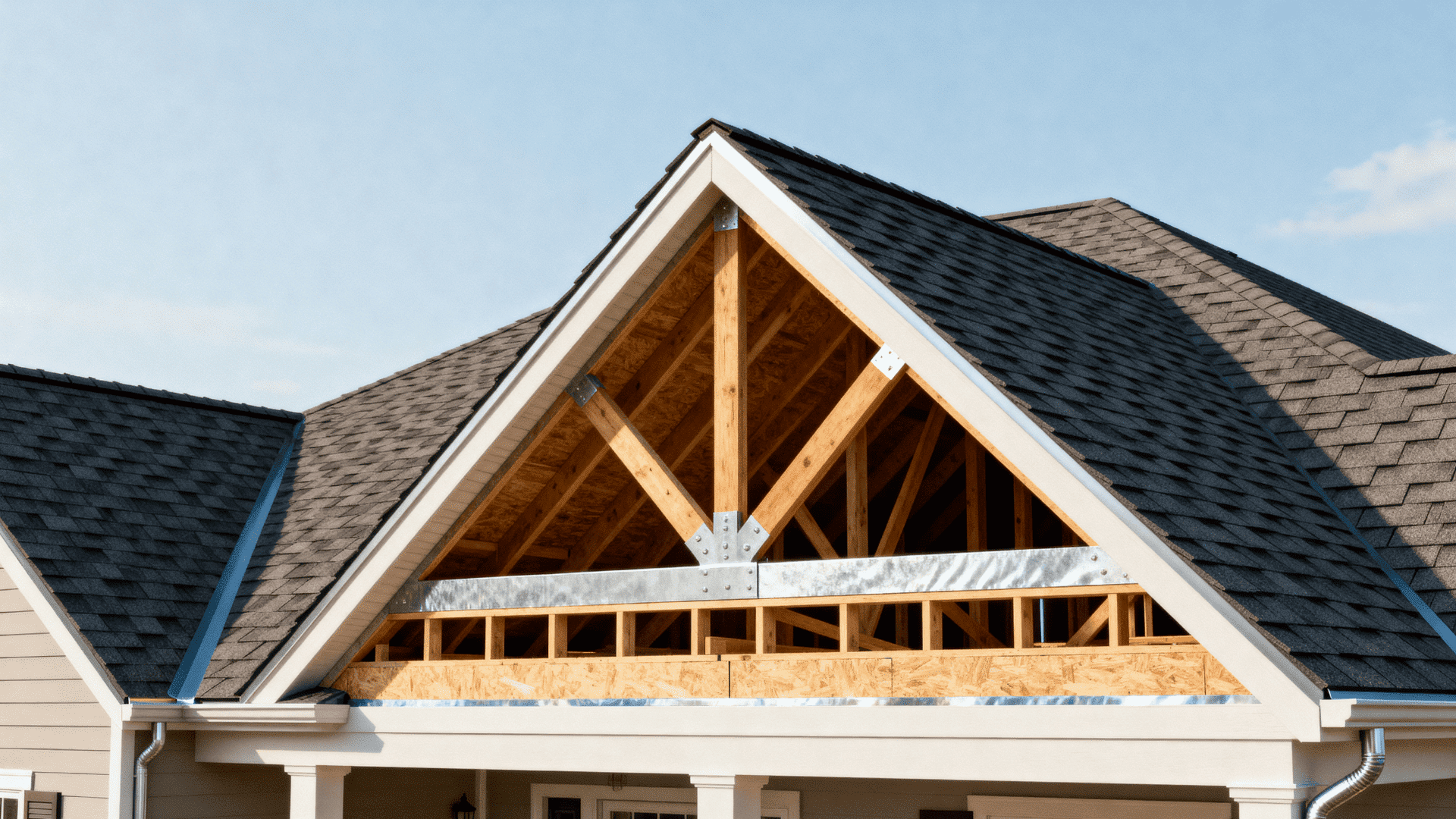 _House roof cutaway showing wooden trusses, rafters, and shingles on a gabled roof under construction against a clear blue sky day.