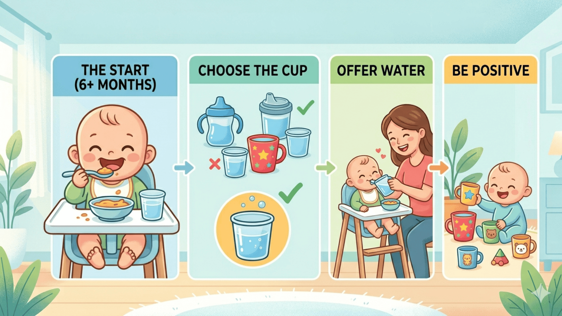 Illustrated guide of a 6-month-old baby eating, choosing a simple cup, being offered water, and happily exploring cups positively
