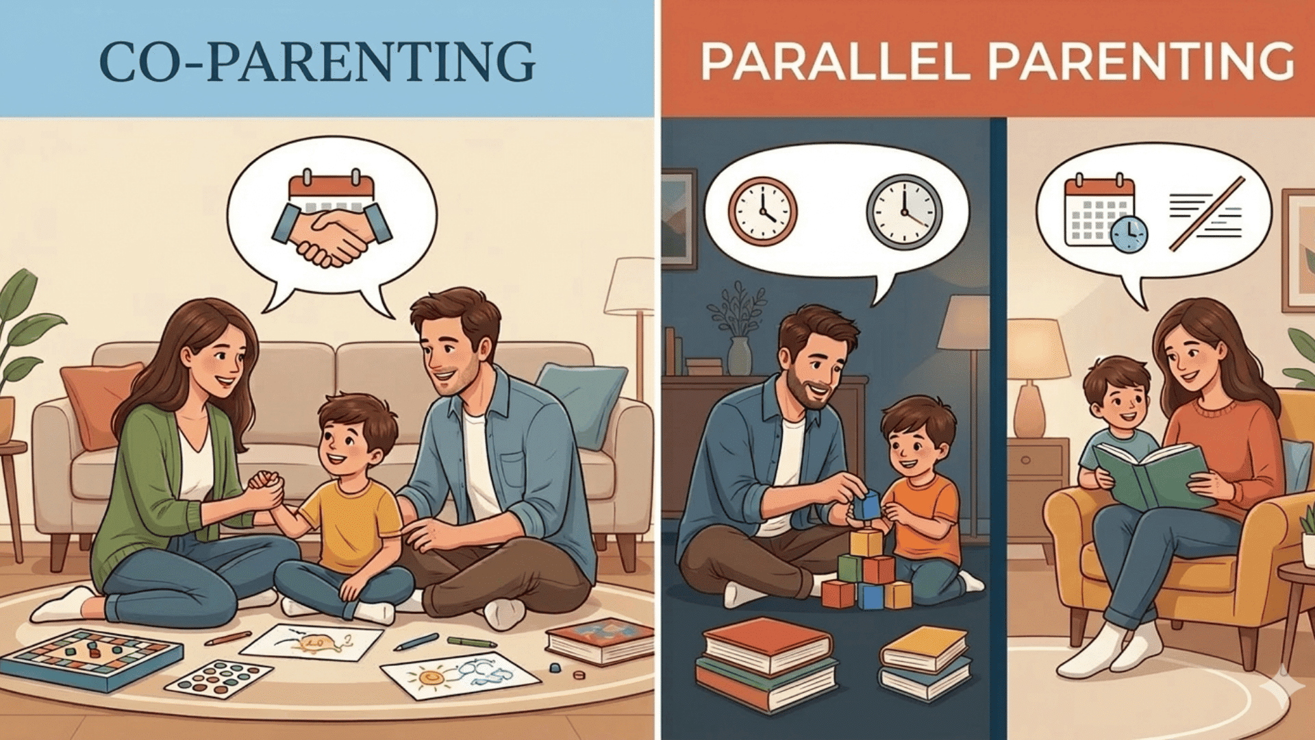 Illustration comparing co-parenting and parallel parenting parents collaborate with child on left, separate routines and schedules on right. (1)