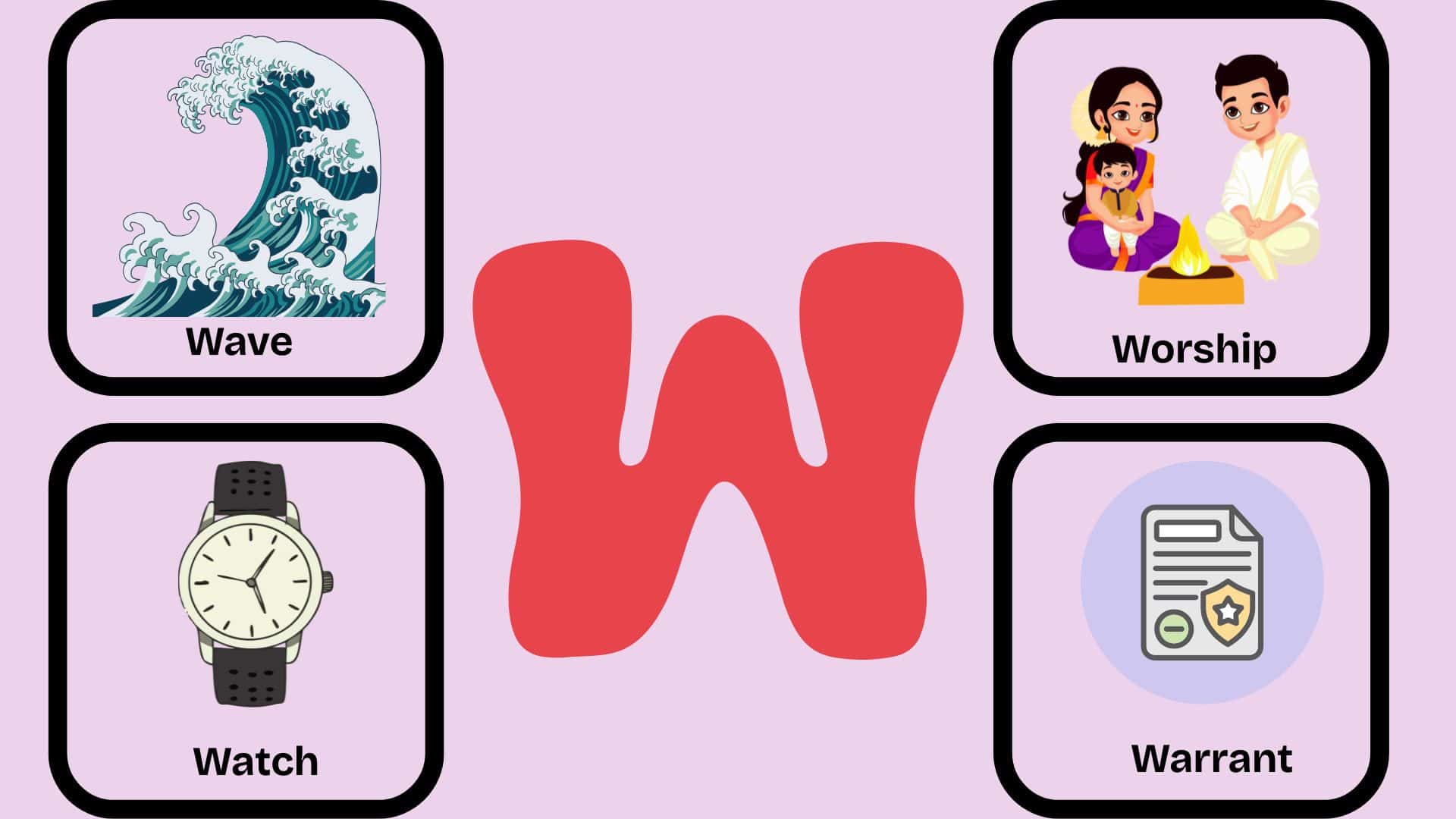Illustration of W words for kids featuring the letter W with pictures of wave, watch, worship, and warrant to help children learn W vocabulary with visual examples