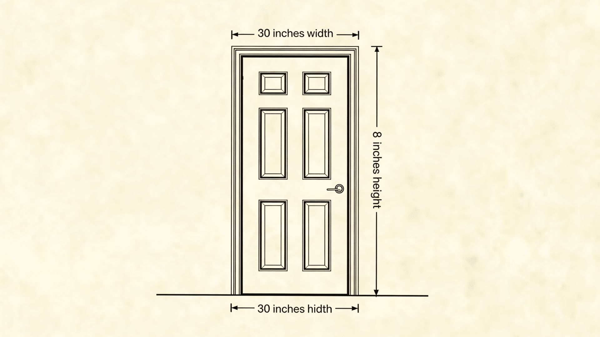 Illustration of a standard interior door with labeled dimensions, showing 30 inches width and 80 inches height, including frame and handle
