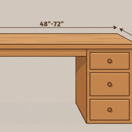 Illustration of a wooden desk with drawers on the right, showing dimensional measurements.
