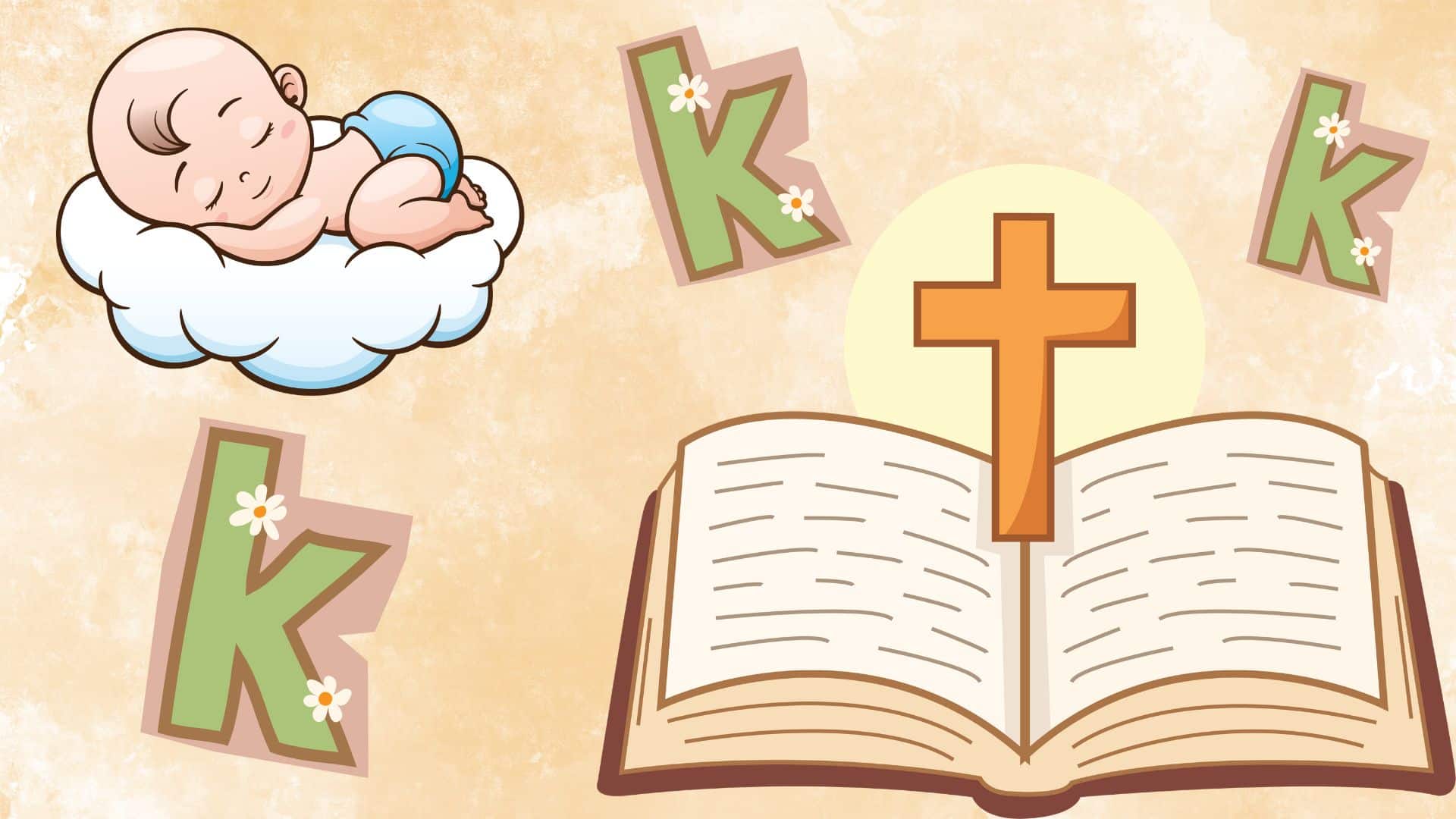 Illustration of baby sleeping on a cloud with letter K, Bible, and cross, representing biblical boy names that start with K for baby name inspiration